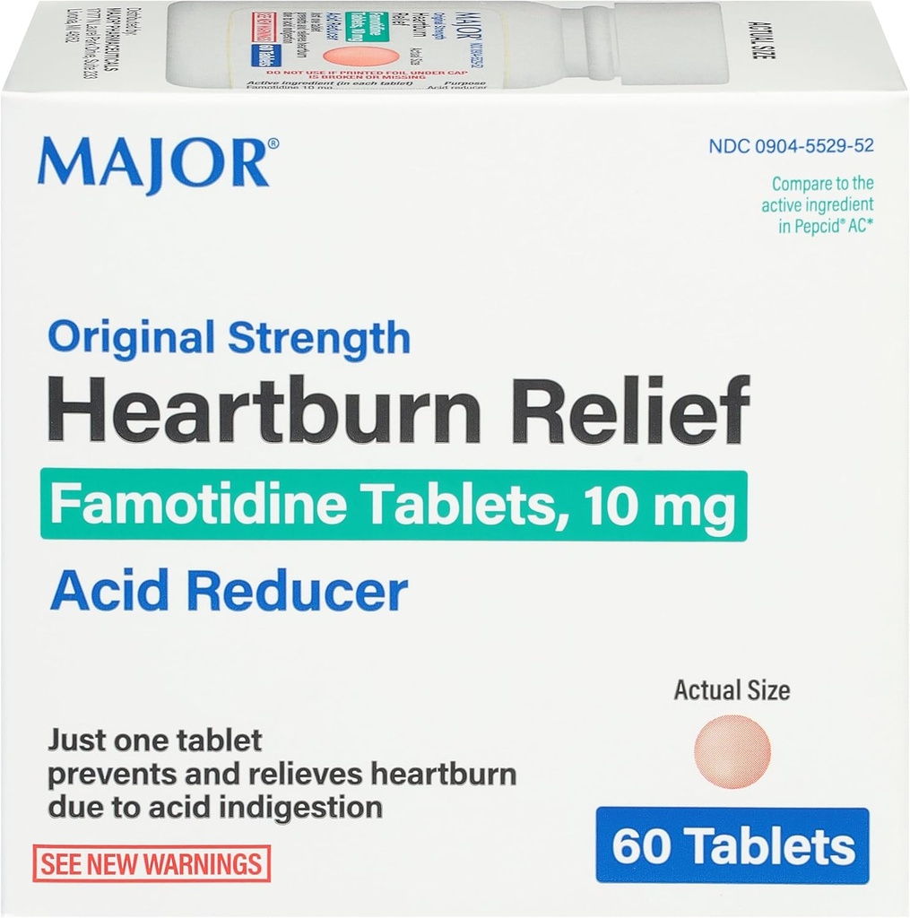Major Original Strength Heartburn Relief - Famotidiini Tabletit, 10 mg - Acid Reducer - 60 tablettia