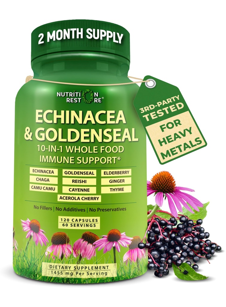 Echinacea Goldenseal kapselit - 10 in 1 Immunosupplement - 1455mg - Vegan Echinacea kapselit Supplement Valmistettu Luomu Koko elintarvikkeet - Herbal Immune System Support - 2 kuukauden tarjonta