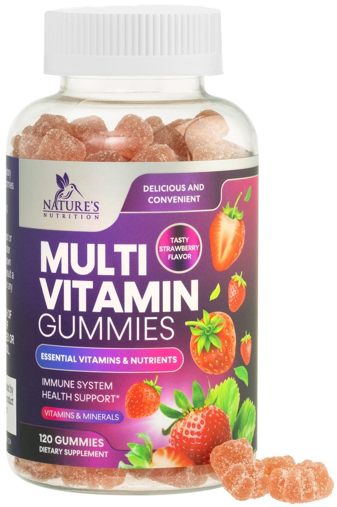 Monivitamiini Gummy aikuisille, päivittäin gummy vitamiineja ja kivennäisaineita A-, C-, D- ja B12-vitamiini naisille ja miehille, immuuni tuki Gummy Multivitamiinit täydentää, aikuisten Multi Vit-vitamiini - 120 Gummie