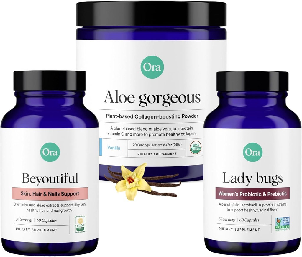 Ora Organic Vegan Collagen, Probiootit, Prebiootit & BeYouTiful Bundle: Aloe Vera - Vanilla Flavor, 20 Servings + 60 Vegaani Probiootti Kapselit + Hiukset, iho, & kynnet Tuki, 60 Vegan Kapselit