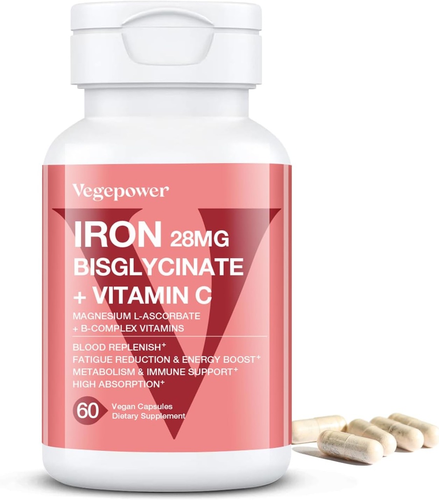 Järntillskott för kvinnor, Vegan Iron Bisglycinate 28mg Plus Vitamin C, Folsyra - Järnpiller för Anemi, Järnbrist och energistöd - Hög Absorption, Glutenfri, Icke-GMO - 60 kapslar
