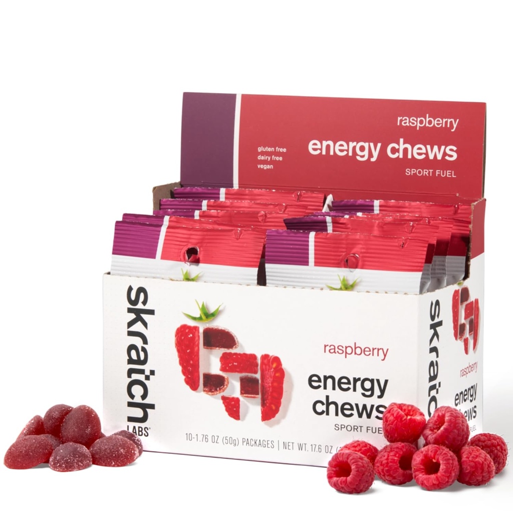Skratch Labs Energy Chews | Gummies for Running, Cycling och Sports Performance | Gel Alternative | Raspberry (10 Pack) | Gluten Free, Vegan