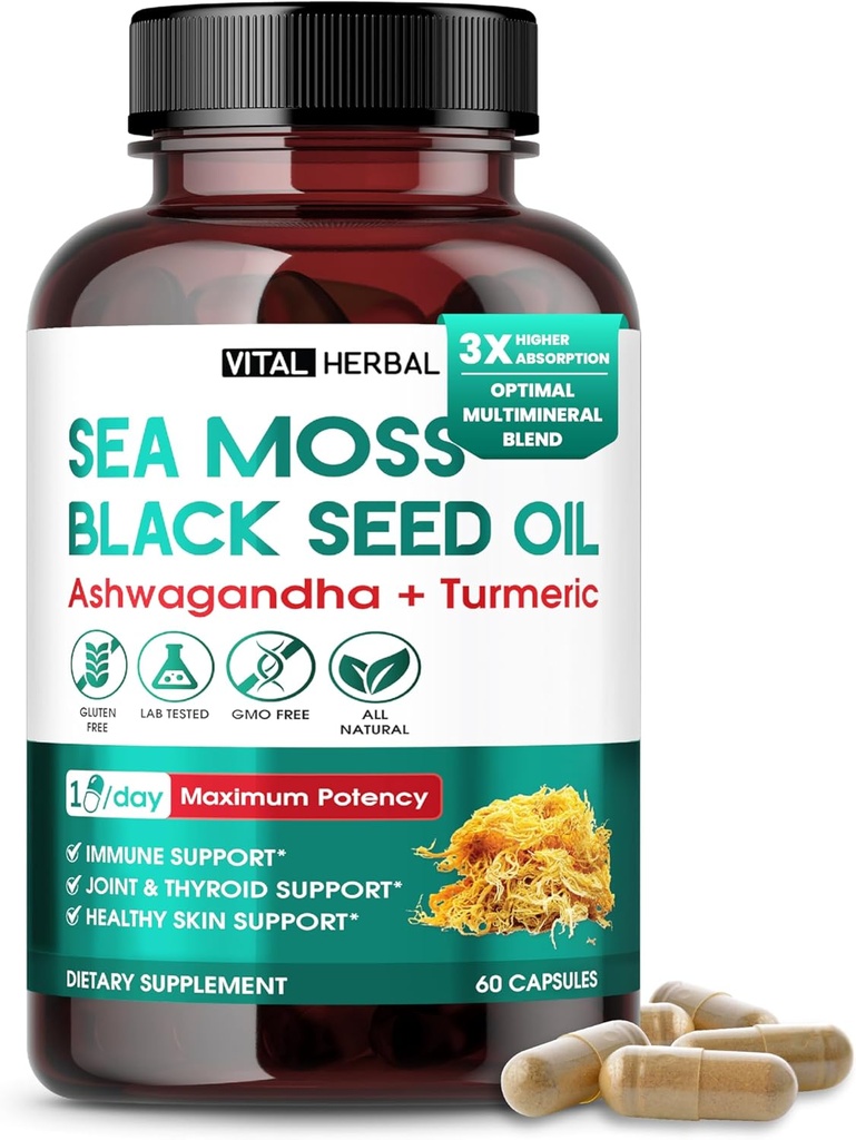 Sea Moss med Black Seed Oil, Ashwagandha, Turmeric & Moringa - Immune, Joint & Skin Support Supplement - 60 kapslar - Vital Herbal - Lab-Tested, Non-GMO, Made in USA
