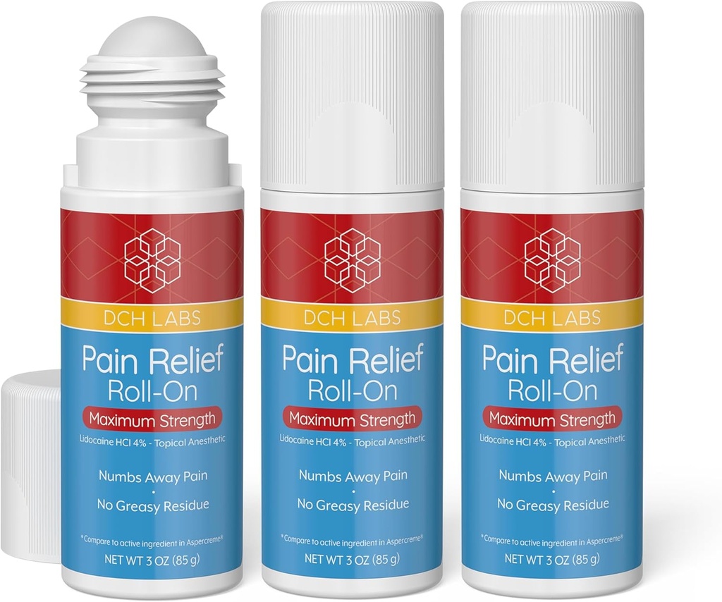 Maximum Strength Pain Relief Roll-on, 3 oz Value Koko, Lidokaiini 4%, Numbs Pain Away, Hermokipu, (3 pakkaus)