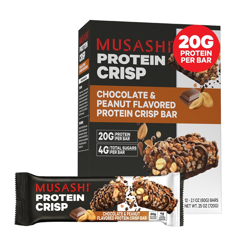 MUSASHI Protein Crisp Bar, 20g Protein, 4g Total Sugars, Chocolate & Peanut, Post Workout och Snack On The Go, 12 Pack av 2.1oz (60g) Bars