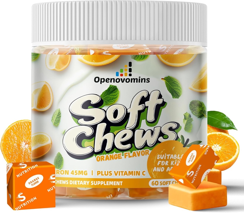 Järn Supplement Chews with Vitamin C for Women Men and Kids, Natural Vegan Iron Soft Chew with Vitamin B6,B12,D, Calcium & Zinc - Energy Support, 60 Orange SoftChews,2 Month Supply