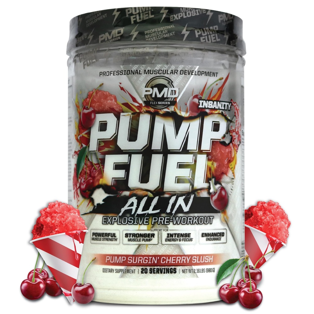 PMD Sport Pump Fuel Allt i sinnessjukdom, Ultimate Pre Workout Powder & Muscle Pump, Maximum Strength Energy, Focus, Endurance & Recovery, Creatine & Beta Alanine, Pump Surgin Cherry Slush, 20 portioner