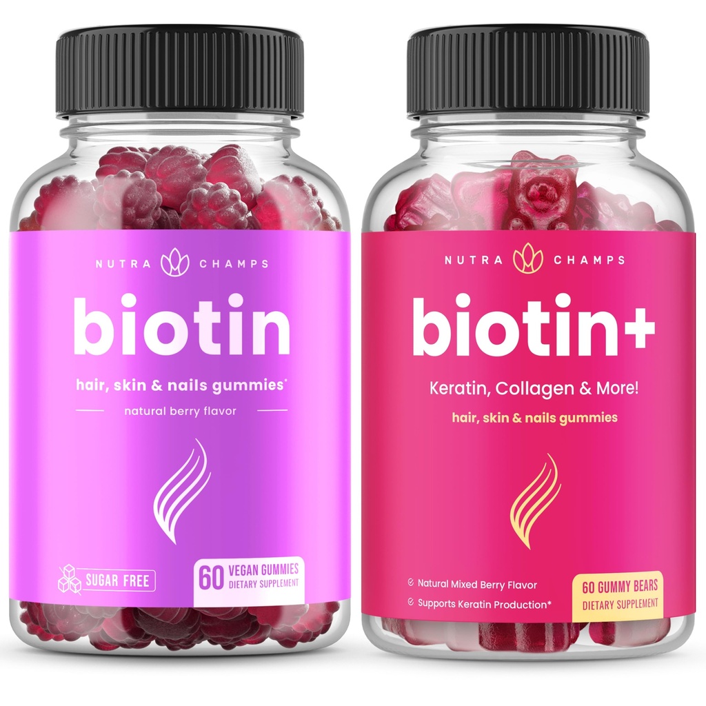 NutraChamps Complete Biotin Bundle hiuksille, iholle ja kynsille. Biotiini ja biotiini+
