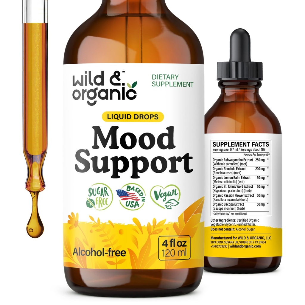 Wild & Organic Mood Support Supplement - Natural Liquid Drops för positiv energi - Calm Mind Supplement för kvinnor och män - Non-Alcohol Ashwagandha & Rhodiola Rosea Root Tincture för gott humör - 4 oz