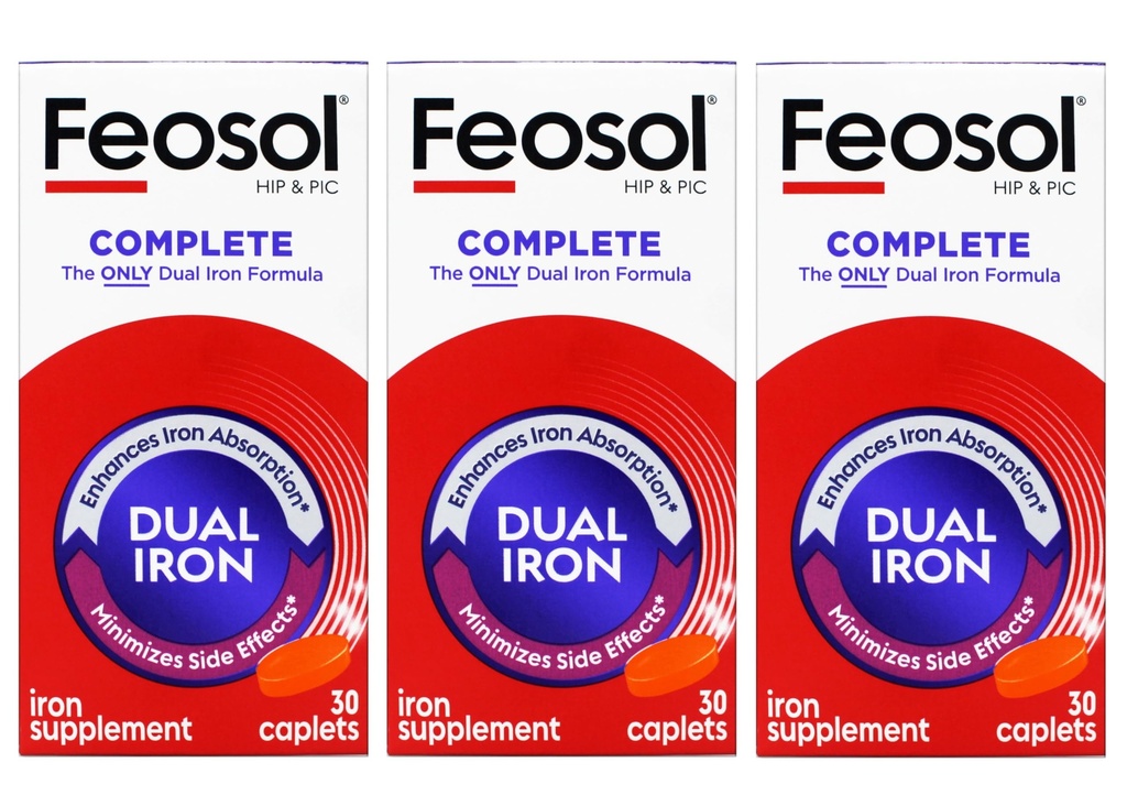 Feosol Bifera HIP & PIC Iron Supplement, komplett - 30 Caplets, Pack av 3