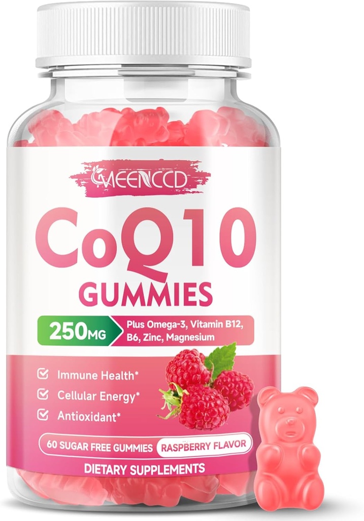 Sugar-Free CoQ10 Gummies 250mg, Coenzyme Q10 Supplements Plus Omega-3, Vitamin B6 & Zink, High Absorption CoQ10 Supplement för Cellular Energy & Antioxidant Support, Raspberry Flavor, Vegan 60Cts