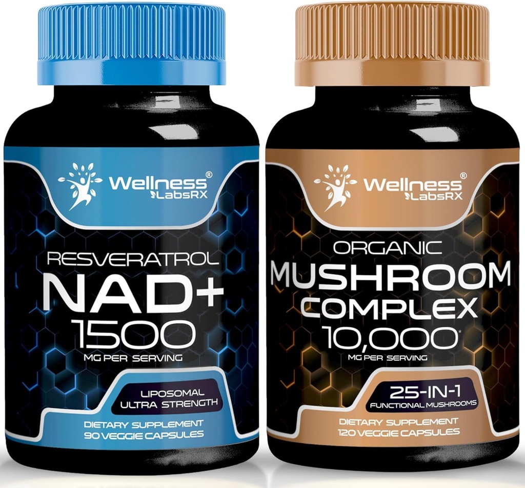 WELLNESS LABSRX NAD täydennysosa, 1500 mg - Liposomaalinen NAD+ Supplement with Resveratrol ... Organic Mushroom Supplement Capsules - 10000mg - 25 in 1 Mushroom Complex Kapselit