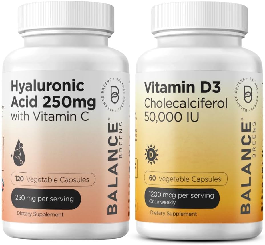 Balancebreens puhdas hyaluronihappo 250 mg ja C-vitamiini 50 mg + D3-vitamiini 50 000 IU täydennysosa Combo