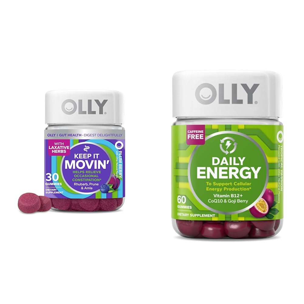 OLLY Ummetuksen lievitys 30ct, Energy Gummy 60ct - Raparperi Prunes Amla Berry, B12 CoQ10 Goji Tropical