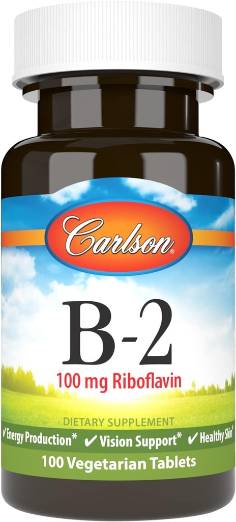Carlson - B-2, 100 mg Riboflaviini, energiantuotanto, näkötuki & terve iho, 100 kasvisruokatablettia