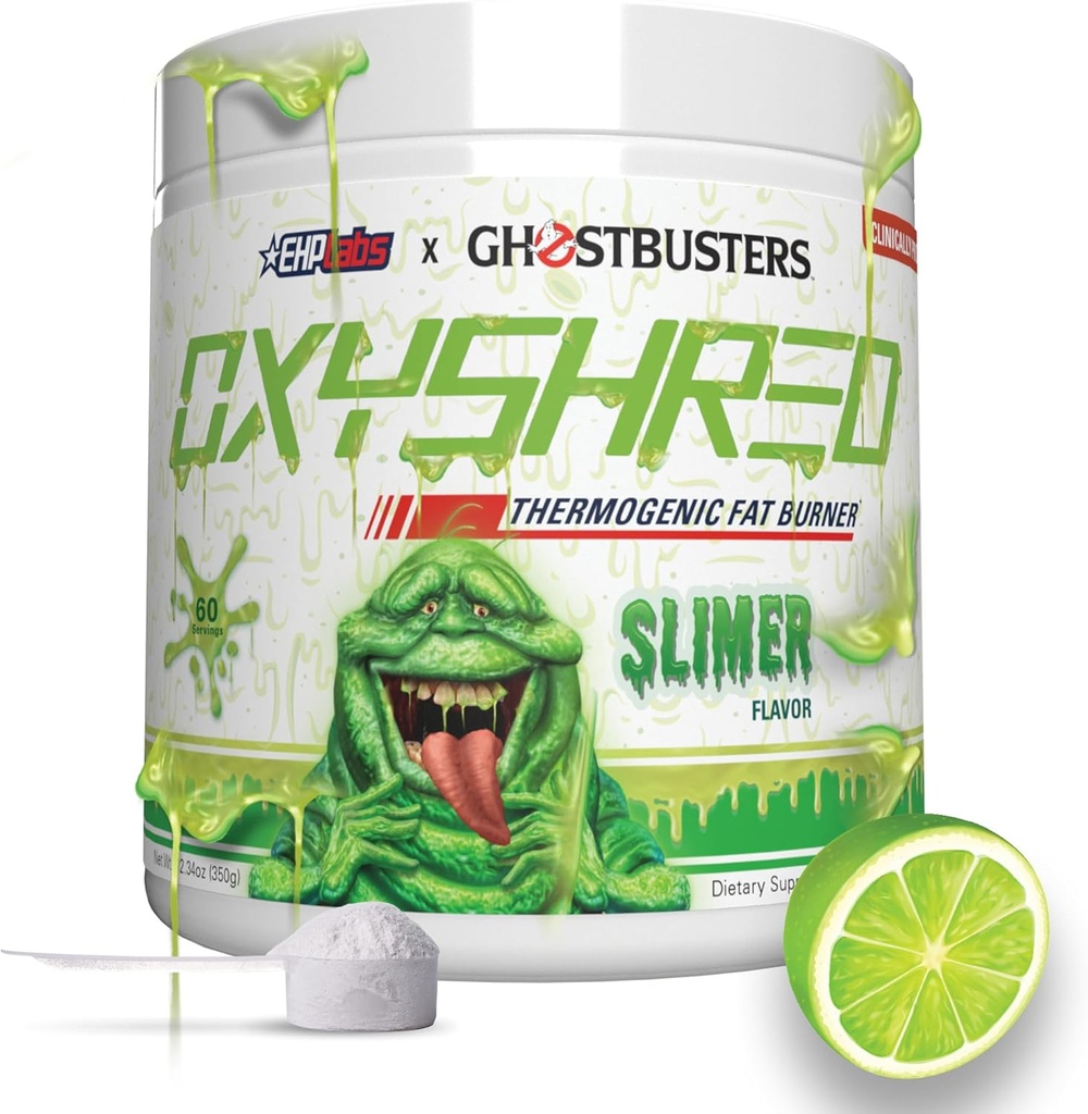 EHP LABS Ghostbusters OxyShred Thermogenic Preworkout Powder & Shredding Supplement - Kliinisesti todistettu esitreenaus jauhe kanssa Acetyl L Carnitine, Energy Boost Drink - Slimer Lime, 60 tarjoilua