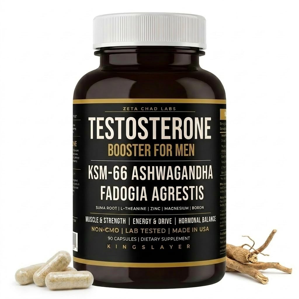 Kingslayer: 7-i-1 Testosteron Booster för Män w / KSM-66, Fadogia, Suma Root, L-Theanine, Zink, Boron, Magnesium - Muskel, energi, Libido & Focus