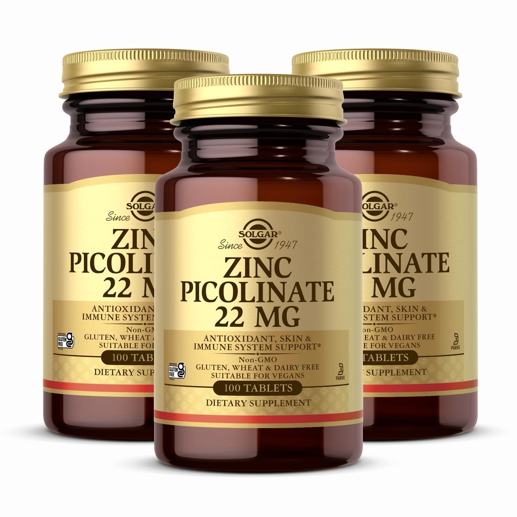 Solgar Zinc Picolinate 22 mg, 100 tabletter (Pack of 3) - Främjar hälsosam hud - stöder immunsystem, normal smak och vision - Antioxidant - icke-GMO, Vegan, Gluten Free, Kosher - 300 Totalt portioner