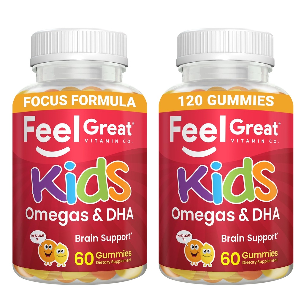 Tunne suuria vitamiineja Lapset DHA Gummies Omega 3 6 9, C-vitamiini (2-Pack) ... tukee tervettä aivotoimintaa, Vision & Heart Health 