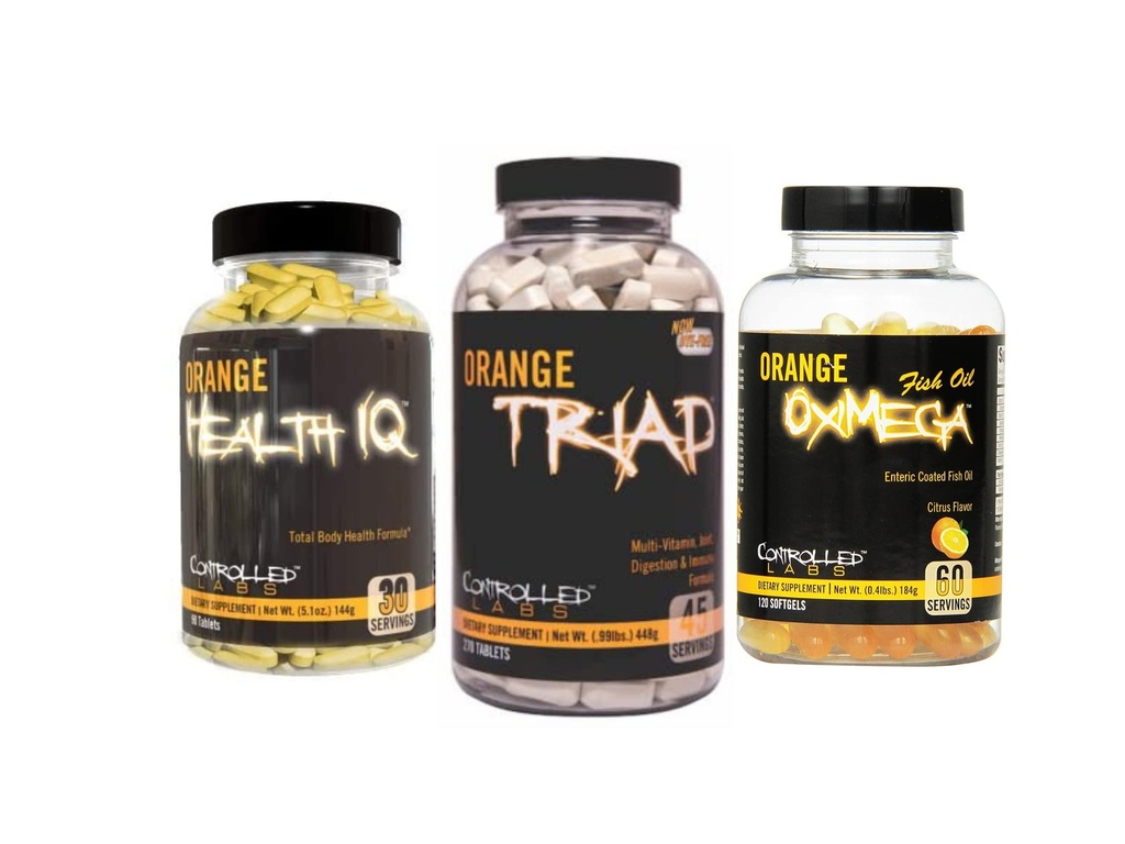 Controlled LABS Kokonaisterveys Bundle, 45 Tarjoilu Orange Triad, 90 Count Orange Health IQ, 120 Count Orange Orange Oil, Lihas Building ja Recovery Supplement miesten ja naisten