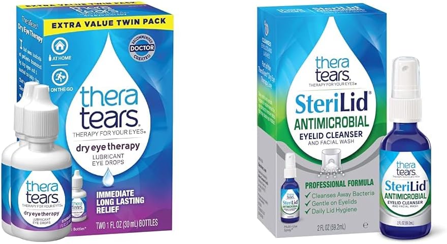 TheraTears Dry Eye Therapy Lubricating Eye Drops för torra ögon, 1 fl oz Bottle Twin Pack & SteriLid Eyelid Cleanser och Face Wash, för irriterade ögon, 2 fl oz Spray
