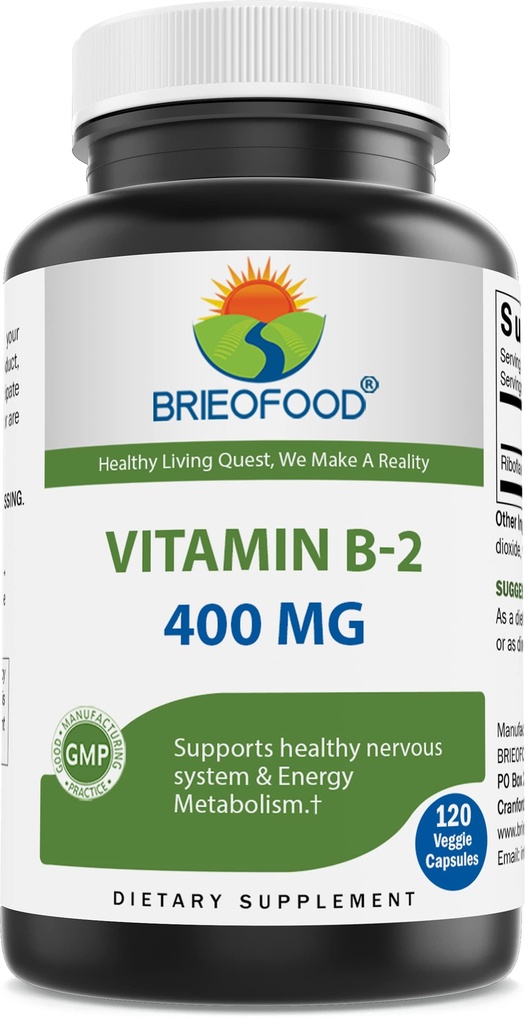 Brieofood B2-vitamiini (Riboflaviini) 400 mg, 120 kasviskapselia - Gluteeniton, ei-GMO
