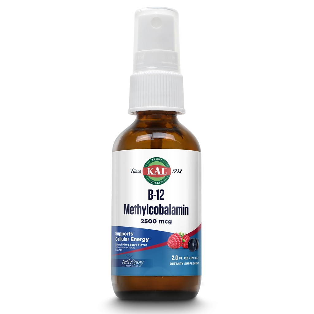 KAL Vitamin B12 Methylcobalamin ActivSpray 2500mcg, Healthy Energy, Metabolism, Nerve & Red Blood Cell Support, * Fast-Acting Liquid B12, Maximal Absorption, Natural Berry Flavor, 80 Servings, 2 fl oz
