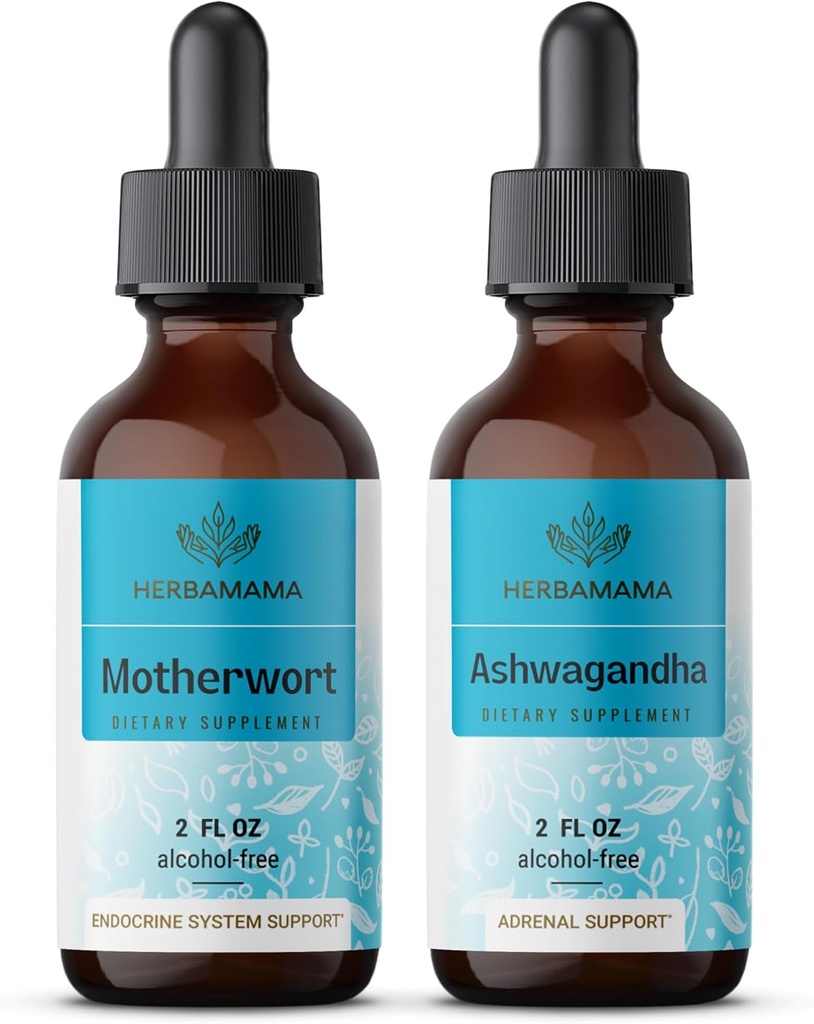 HERBAMAMA Herbal Liquid Drops Kit - Bundle of Motherwort Extract & Ashwagandha Tincture 2 fl oz - Vegaani, ei-GMO, sokeri & alkoholiton - 2 pakkaus