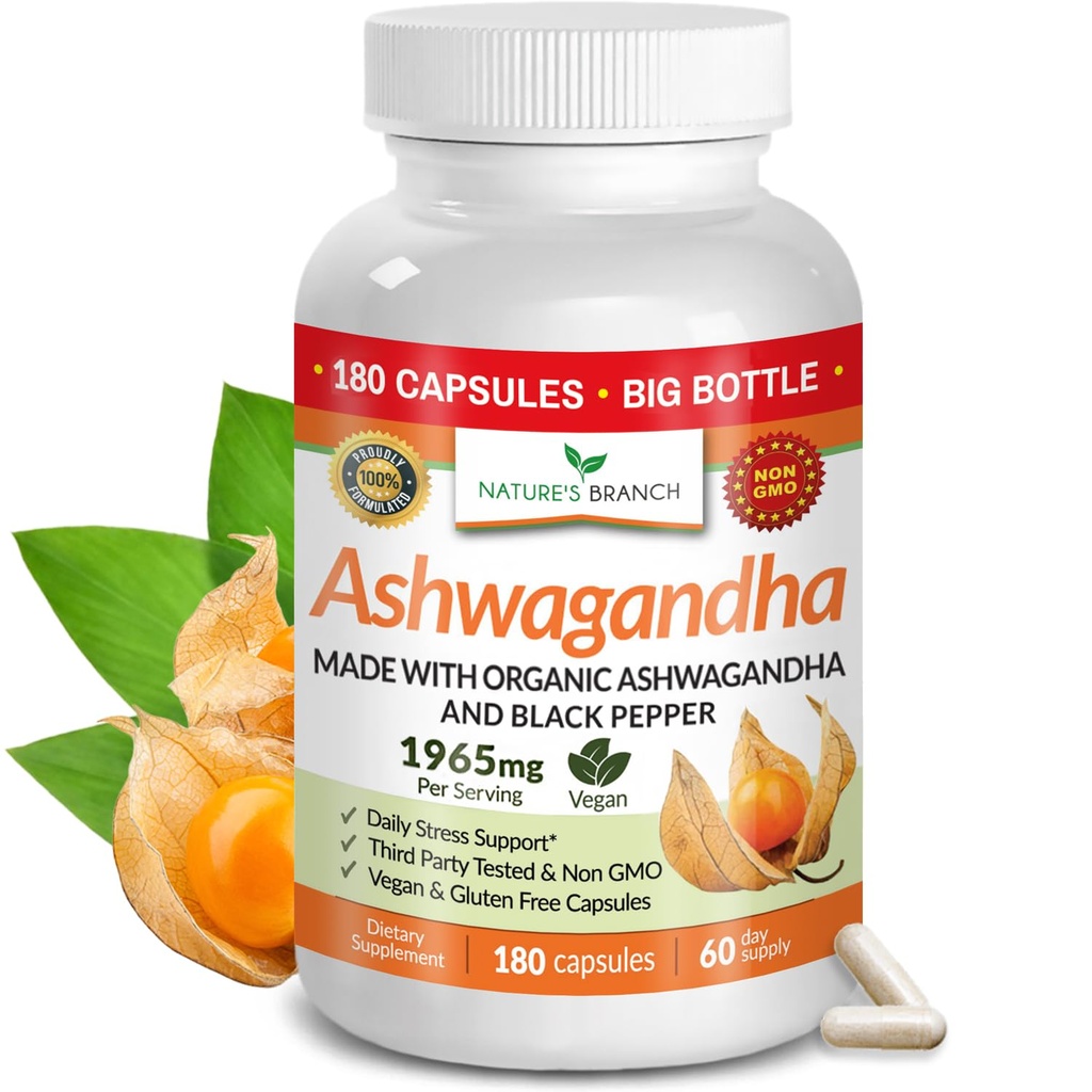 UDAF Varmennettu Organic Ashwagandha Black Pepper - 180 kapselia - 1965 mg Extra vahvuus stressi, uni, mieliala, Kilpirauhasen, Focus, hiukset, Vegaani puhdas juuriuutejauhe - miesten ja naisten täydentää