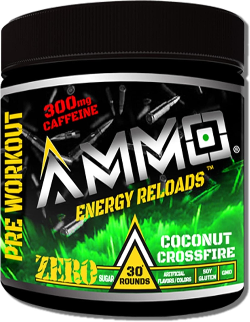 AMMO ® Energy ReloadsTM Pre Workout Powder - 300mg Caffeine Zero Sugar Vital Aminos och Electrolytes No Artificial Flavors or Colors (Coconut Crossfire)