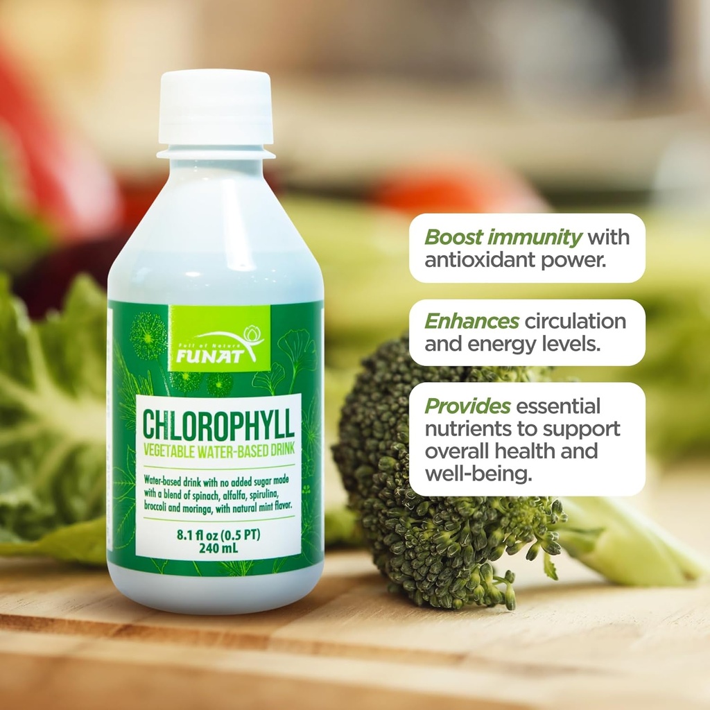 FUNAT klorofylli Plus Liquid with Natural Mint Flavor - Nutrient-Rich Green Supplement for Energy & Wellness, Helppokäyttöinen Drops - 8,1 FL OZ