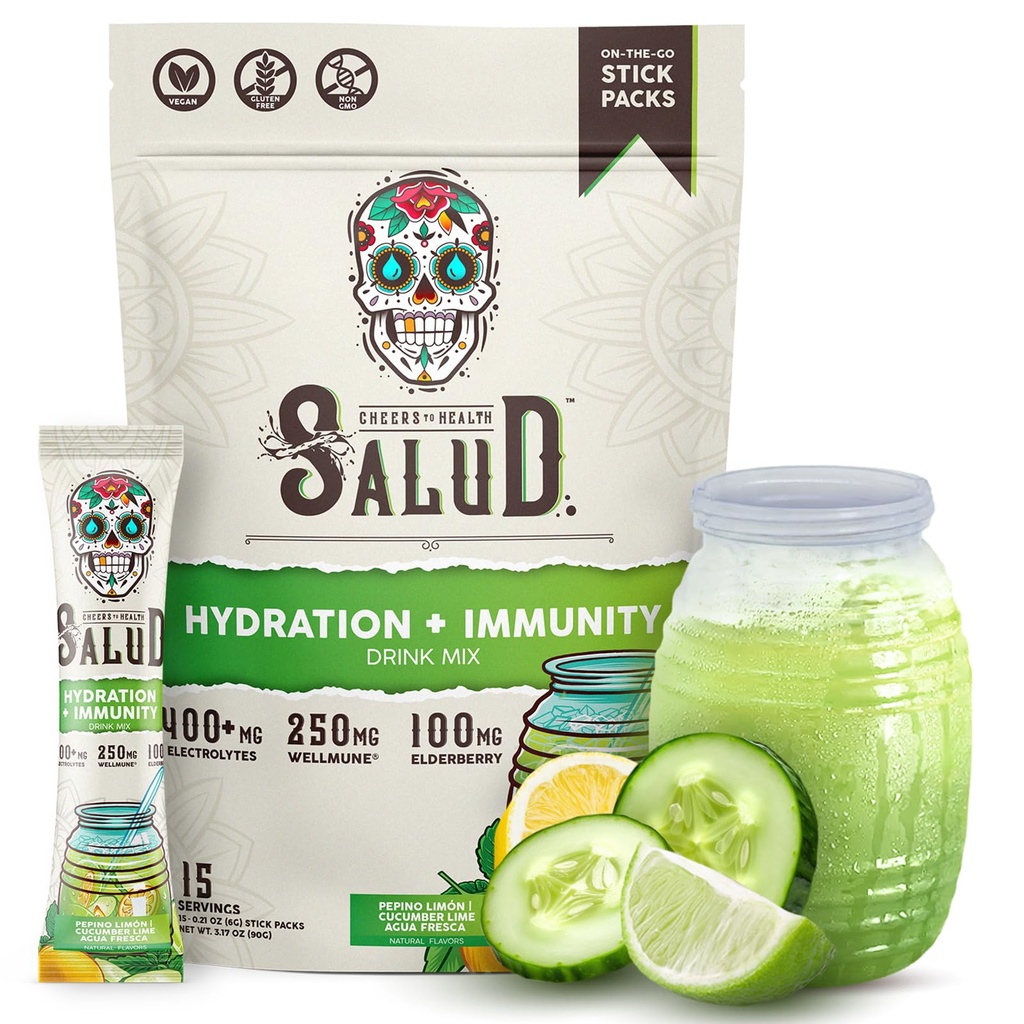 Salud 2-in-1 Hydration Packets + Immuniteetti Elektrolyyttejä Powder, Cucumber Lime - Agua Fresca Drink Mix, Elderberry, Dairy & Soy Free, Ei-GMO, Gluteenittomat, Vegan, Low Calorie, 1g sokeria (15 tarjoilua)