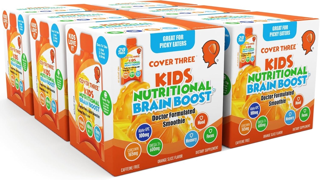 Kansi kolme täydentää lasten aivojen täydentää Smoothie, Omega 3 Liquid Childrens DHA Fish Oil, Terveys Lapset Focus ja huomio, emotionaalinen tuki, 20 Puches, Pack 6