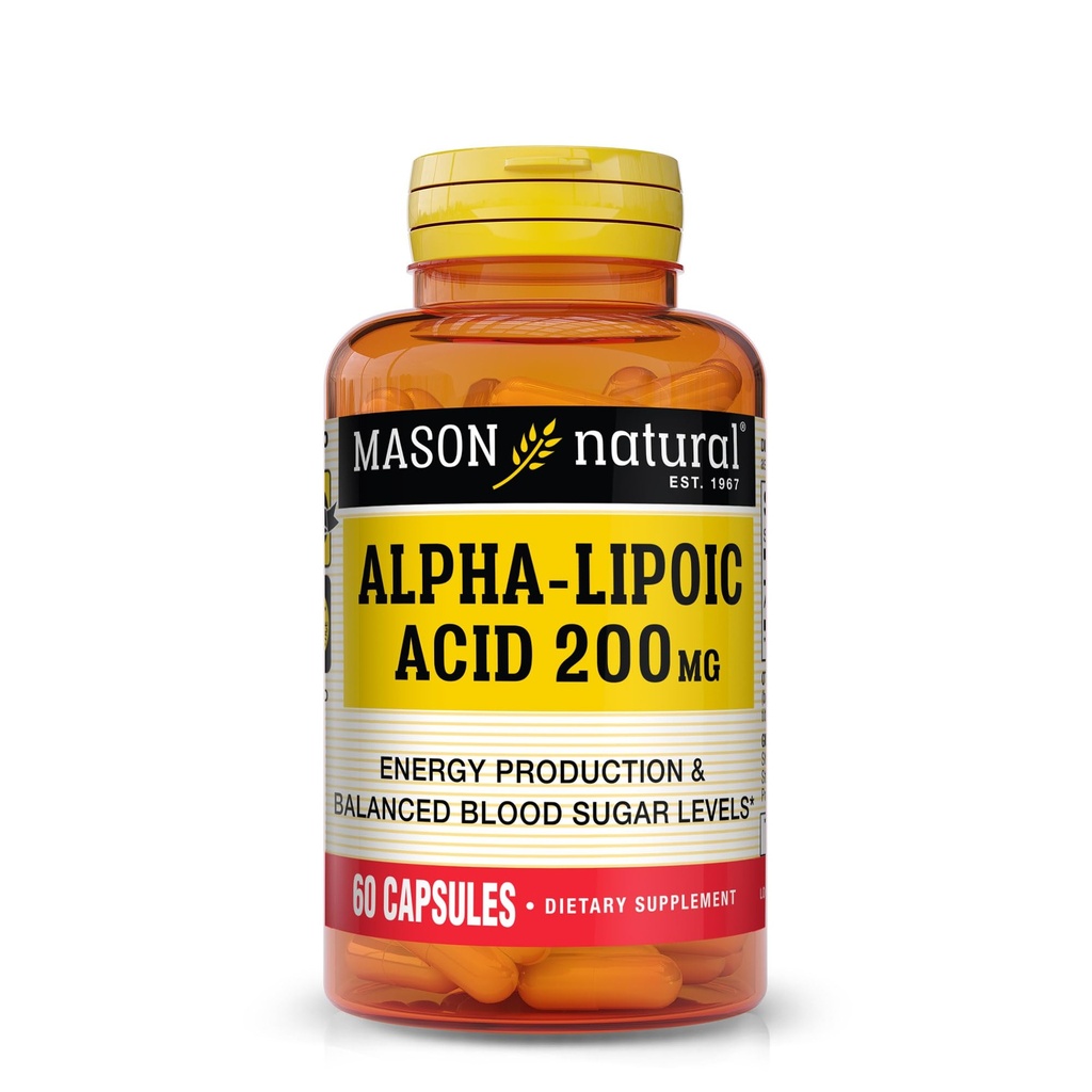 MASON NATURAL Alpha Lipoic Acid 200 mg, tukee energian tuotantoa, ravintolisä, 60 kapselia