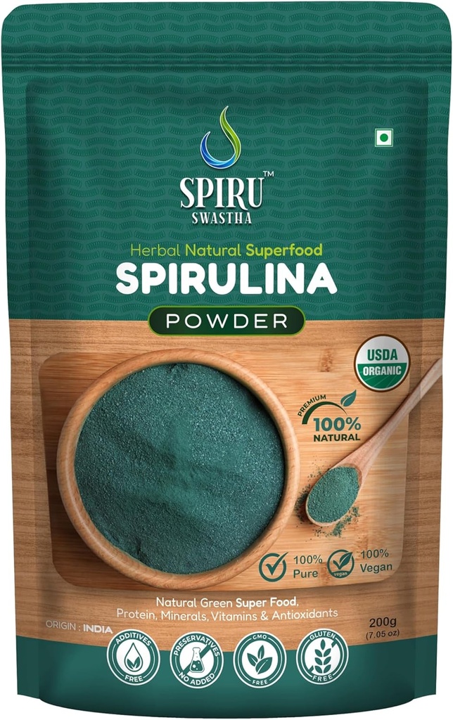 Organic Spirulina Powder, 100% Vegaani, kasviperäistä luonnon ruokaa proteiini, vitamiinit, mineraalit, ei-GMO, ei-inradiaatio, USDA Certified (200 grammaa)