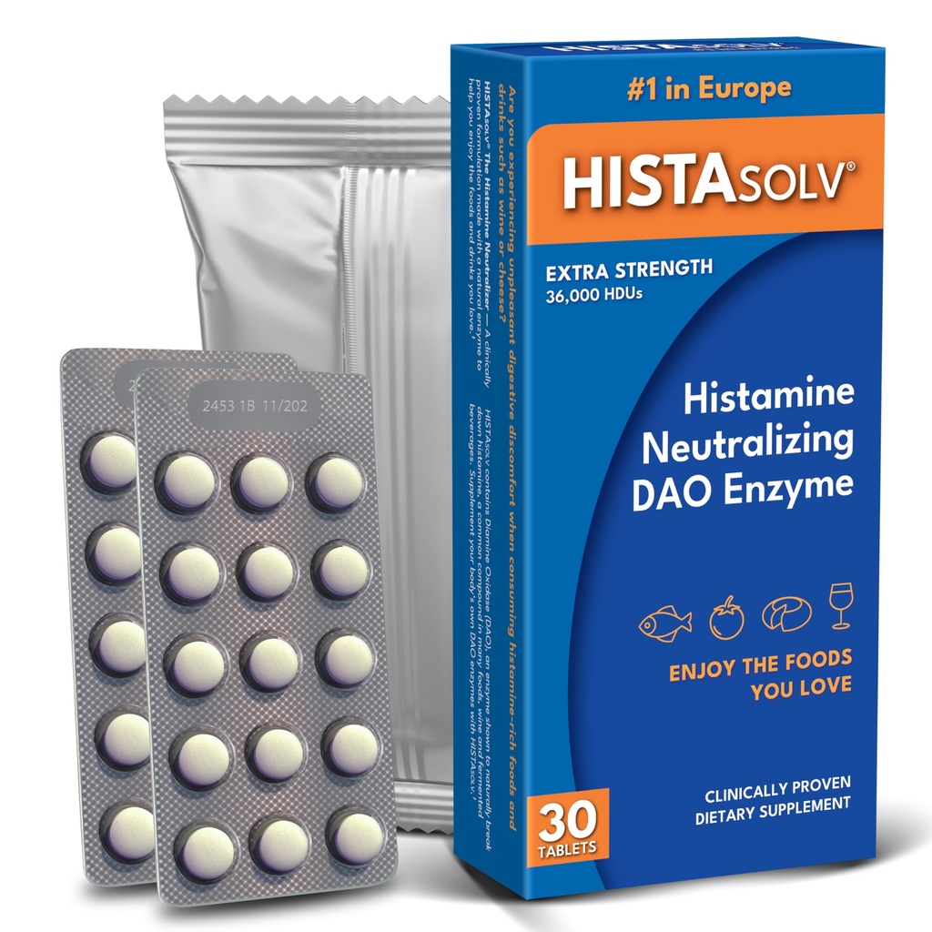 HISTAsolv Extra Strength DAO Enzyme Supplement for Histamine Food Intolerance - Helvetit Ruoansulatushäiriöt - Patentoitu Tech - Valmistettu Itävallassa - 30 Pack