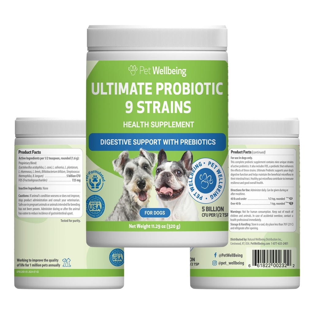 Pet Wellbeing Ultimate Probiootti 9 Kanta koirille ja kissat - Tukee Gut Microbiome ja digestio, Immuunijärjestelmän hoito, virtsateiden Tract Health, FOS, 2,5 miljardia PMY - 11.29 oz (320 g) Jauhe