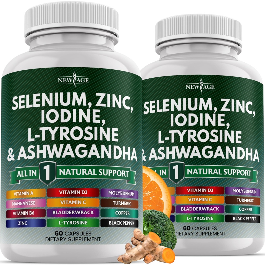 NEW AGE Selenium, Sinkki, Jodi, L Tyrosine, Ashwagandha - Supplement for Women and Men with Bladderwrack, Turmeric, Silica Kelp, Schisandra - 120 Count
