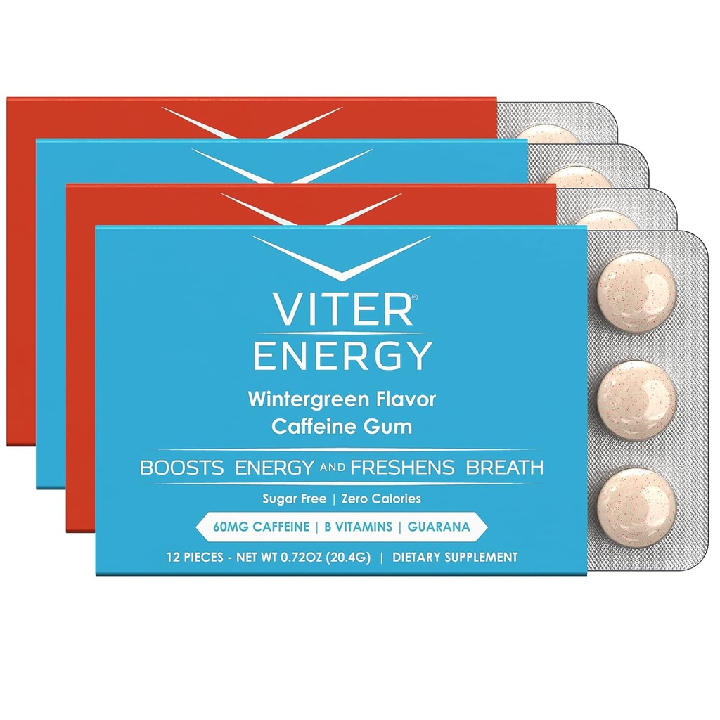 Viter energia kofeinoitu Gum 60mg kofeiini, B-vitamiinit, Guarana, sokeriton. (Variety, 12kpl, 4 pakkaus)