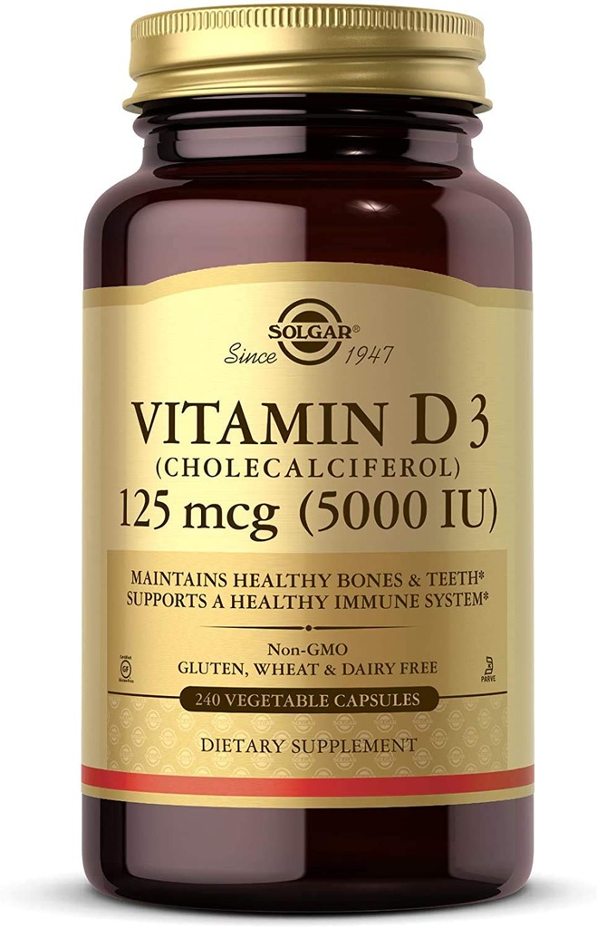 Solgar D3-vitamiini (kolekalsiferoli) 125 mikrog (5000 IU), 240 kasvikapselia - auttaa säilyttämään terveet luut ja hampaat - immuunijärjestelmän tuki - ei-muuntogeeniset organismit, gluteeniton - 240