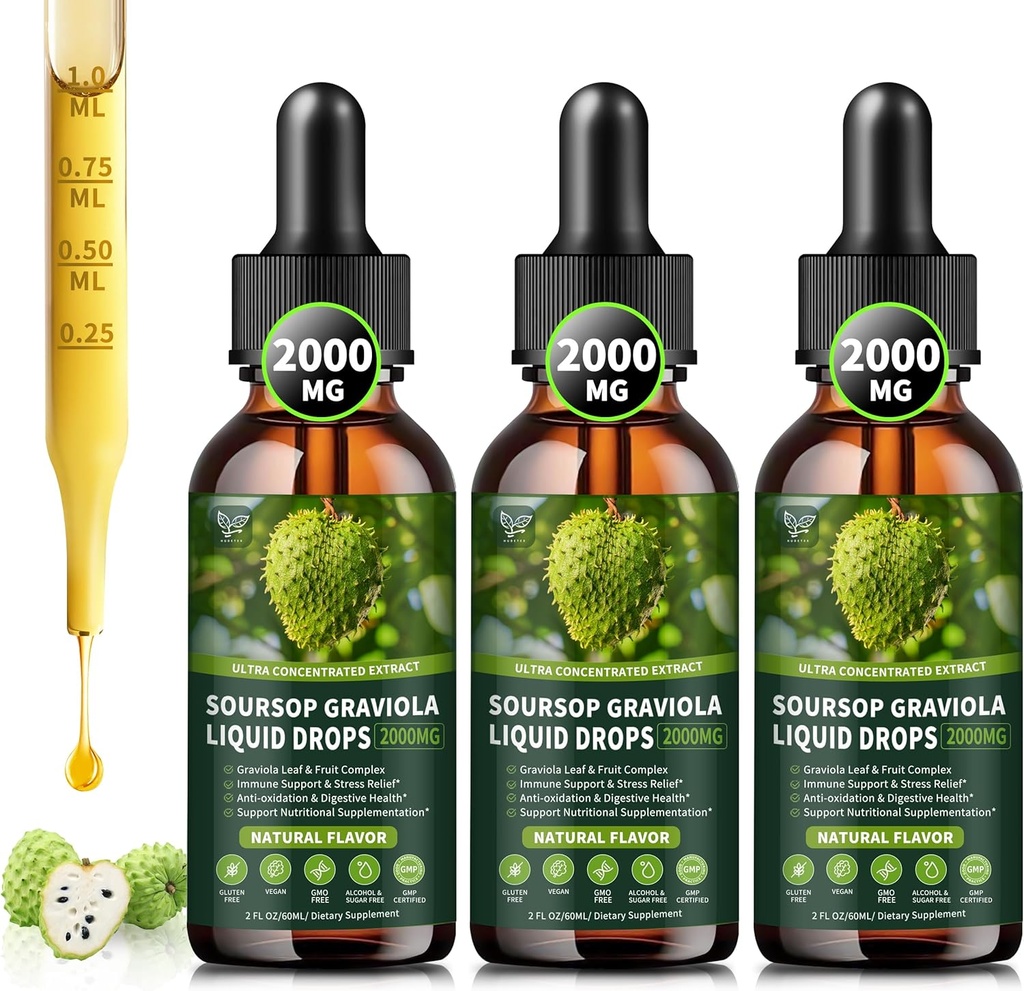 (3 Pack) Soursop Graviola Liquid Drops 2000mg, 98% Absorption för Cell Support & Regeneration, Immune Boost, Liver, Herbal Goodness, Soursop Bitters Liquid-Sugar/Gluten Free, Natural Flavor, 6 Fl Oz