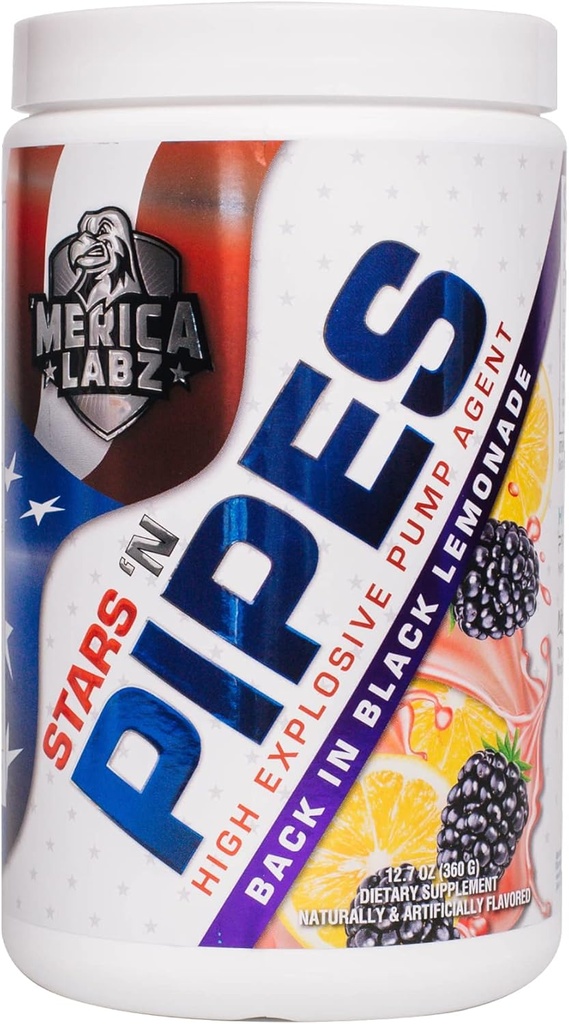 "Merica Labz Stars" N Pipes High Explosive Pump Agent, Stimulant-Free, 6G L-Citrulline, 20 portioner (Back in Black Lemonade)
