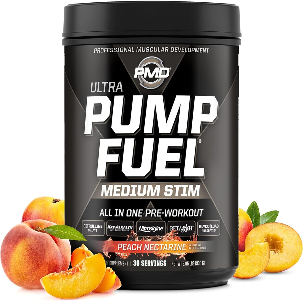 PMD Sports Pump Fuel Ultra Medium Stim - Premium Pre Trenout Powder & Muscle Pump, Suurempi Focus, Endurance & Recovery, Premium Creatiini, Arginiini & Beta Alanine - Peach Nectarine (30 Servings)