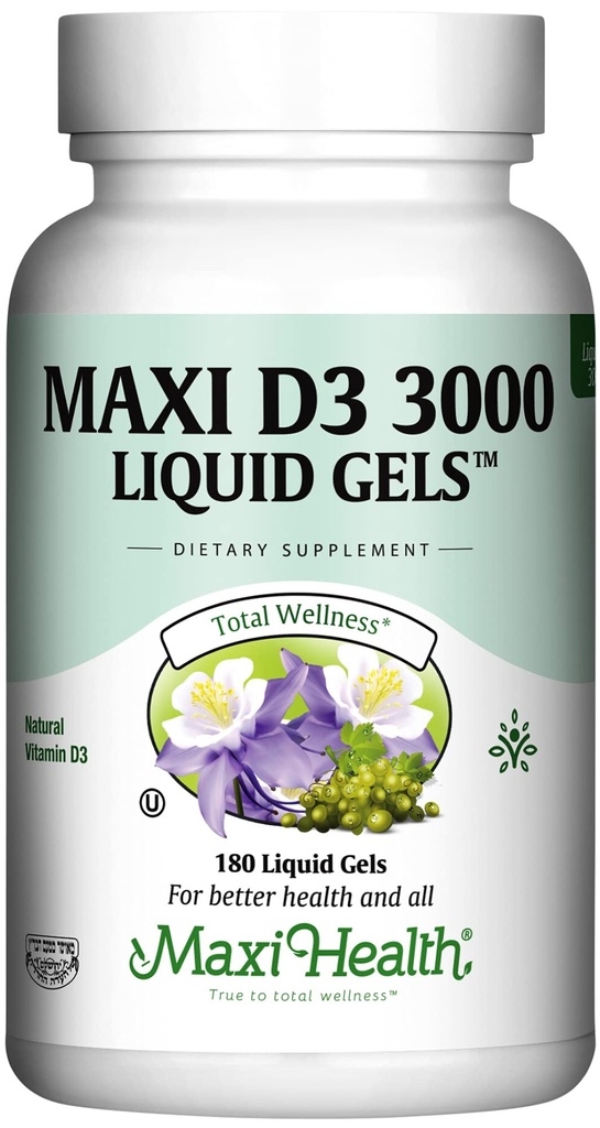 Maxi Health-vitamiini D3 3000 IU 75 mikrog D-vitamiinin täydentää terveille luut, hampaat, immuuni tuki - VIT D3 täydentää Helppo niellä ei-GMO, täydentää miesten ja naisten Kosher 180 geeliä