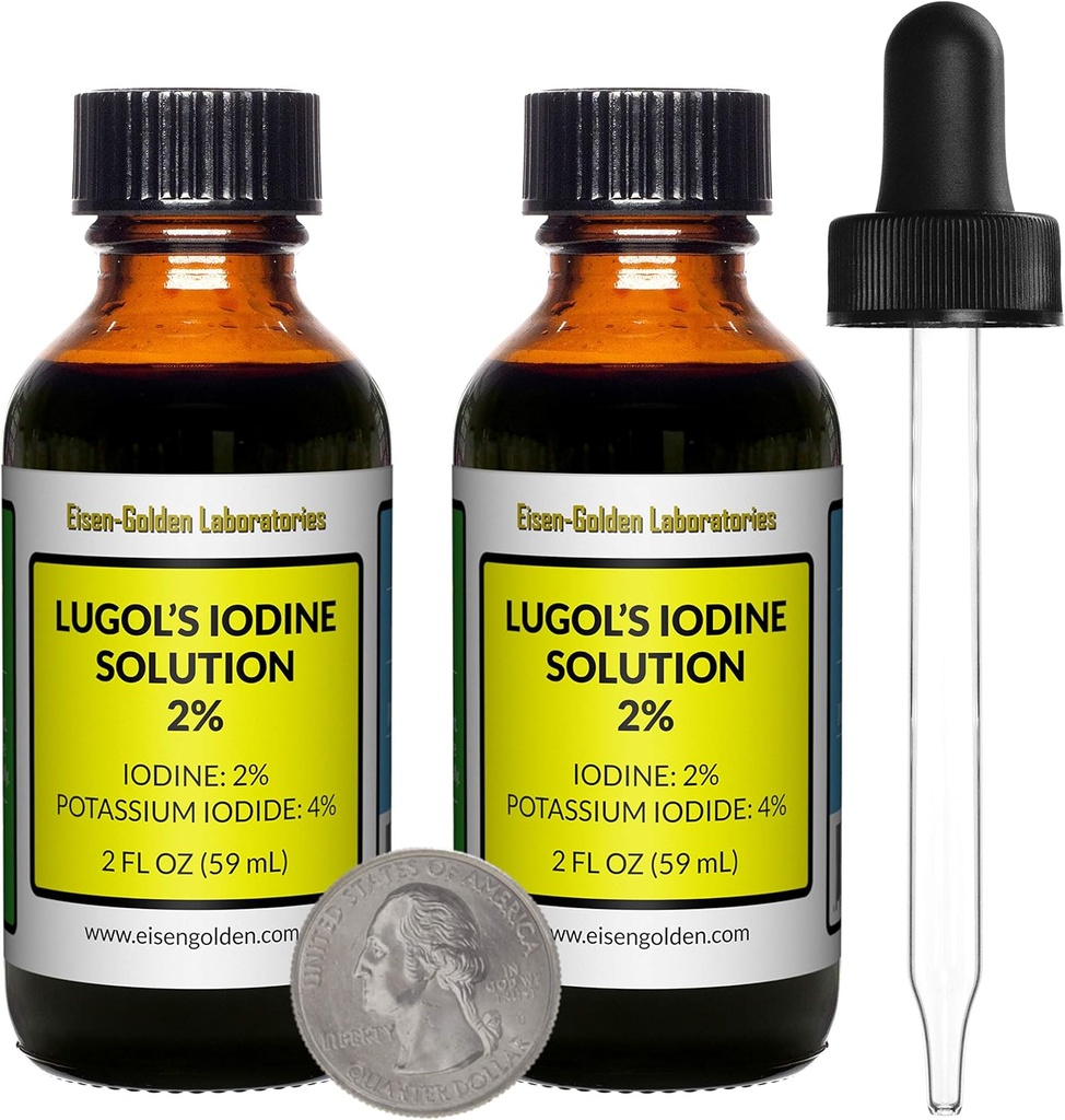 Lugols jod / 2% Lösning / 4 Oz i två Amber Glasflaskor / Free Droppers / USA