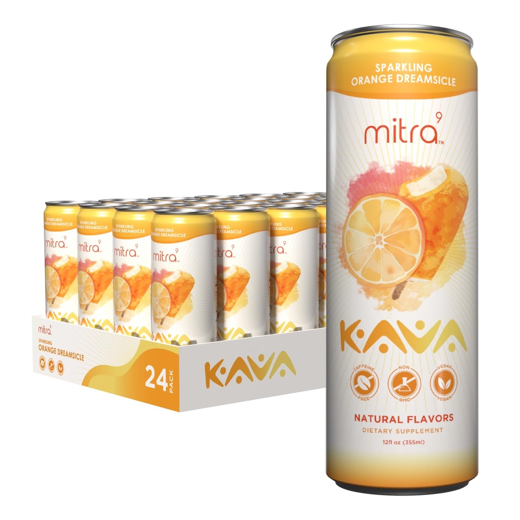 MITRA-9 Botaniska drycker - Orange Dreamsicle Sparkling Kava Drink med Kava Root Extract - Mood Enhancer - Plant Based - Främjar Natural Calm & Clarity (12 Fl. Oz) (24)