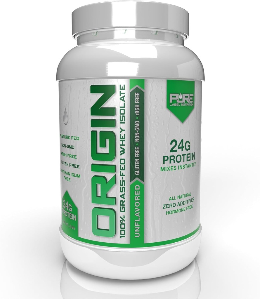 Pure Label Nutrition 100% Grass-Fed, Unflavored Whey Isolate Protein Powder (24g) med Essential Aminosyror, för Pre och Post Workout Recovery & Muscle Building, Low Fat & Low Carbs - 2lbs