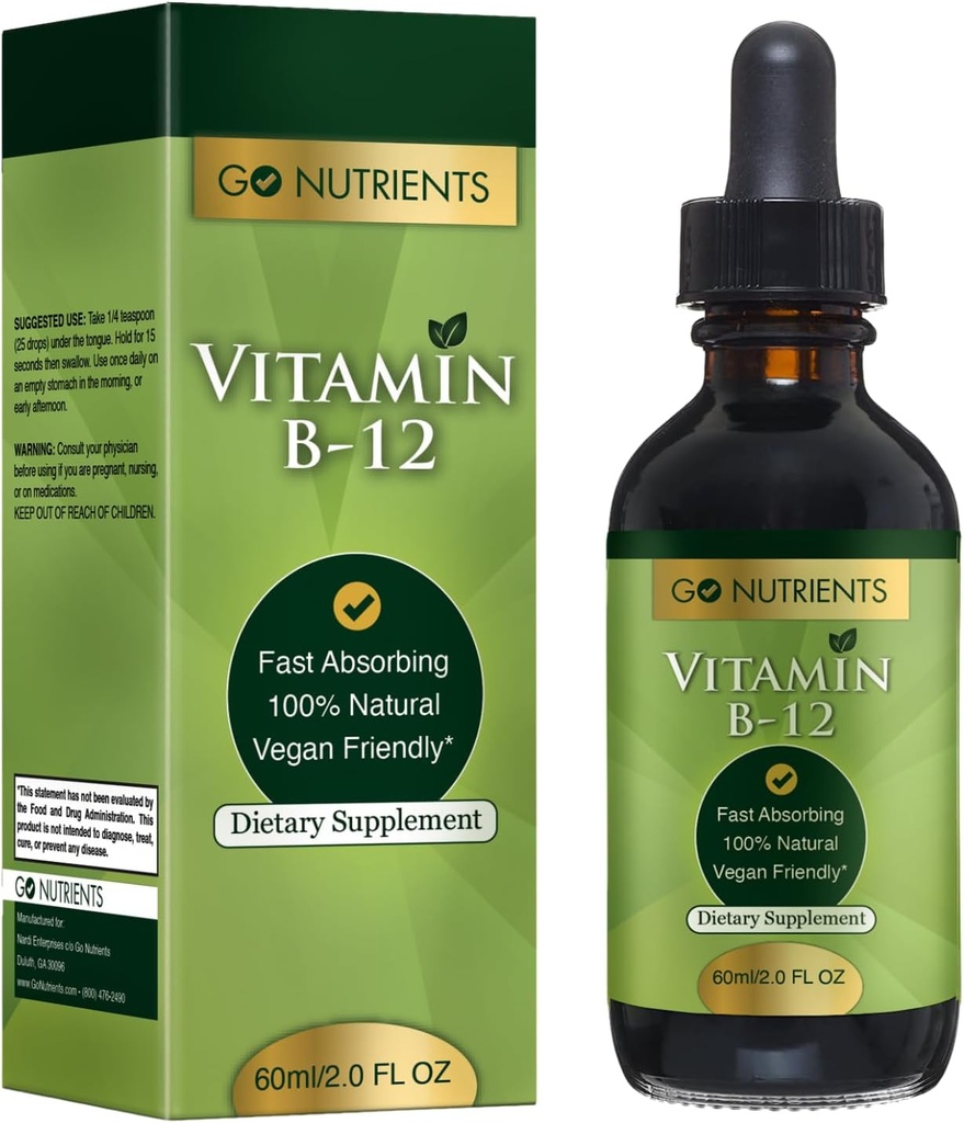 Go Nutrients B12 sublingual Methylcobalamiini B-12 Liquid Drops 3000 mcg, Organic Vadelma Maku, Vegan ... Tukee energiaa, Hermo terveys & Red Blood Cell Formation - 2oz (48 Servings)