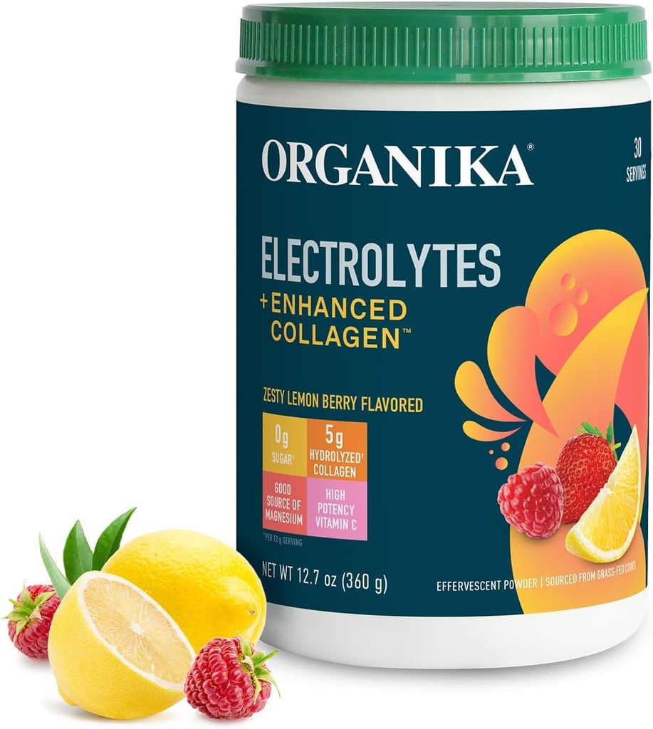 Organikà Electrolytes with Enhanced Collagen Powder for Women & Men - 13 oz - Zesty Lemon Berry-Flavored Effervescent Electrolyte & Collagen Drink Mix - Deep Hydration, Mobility, Skin, Hair och Nails