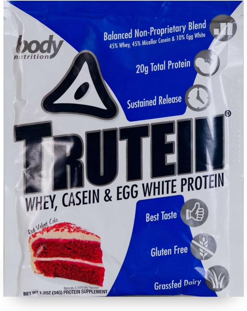 Body Nutrition Trutein High Protein Powder: 45% Whey, 45% Kaseiini, 10% Muna White, Gluteeniton, Alhainen natrium, Grass Fed Whey Protein Powder, kuntosali Supplement & Breakfast Shake, Red Velvet Cake, 34g Näyte